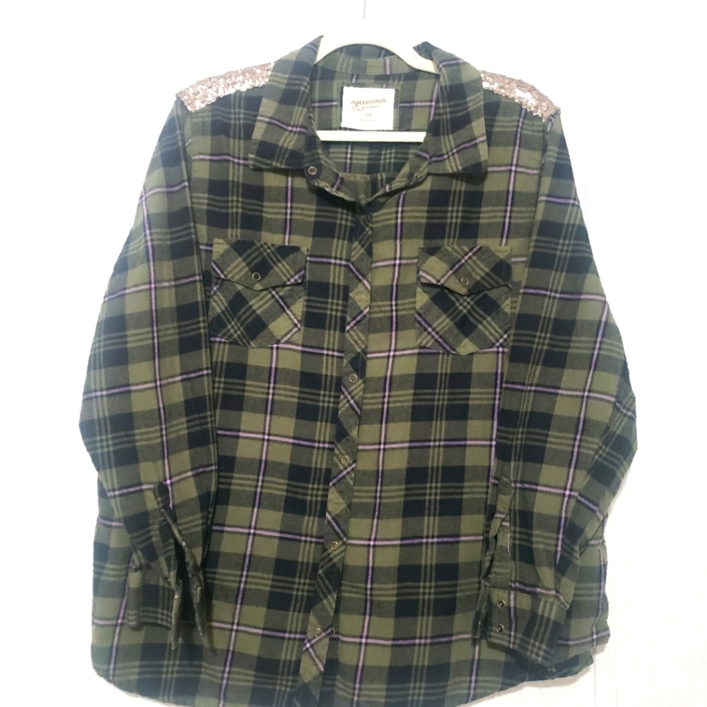 ARIZONA... Green Plaid Shirt with Sequin Shoulders...SIZE:XXL